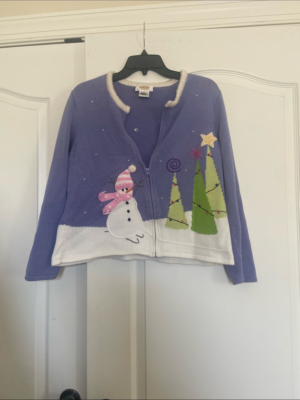 Talbots Lavender Holiday Snowman Cardigan